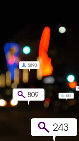 animación de iconos y números de redes sociales sobre el tráfico vial y el paisaje urbano