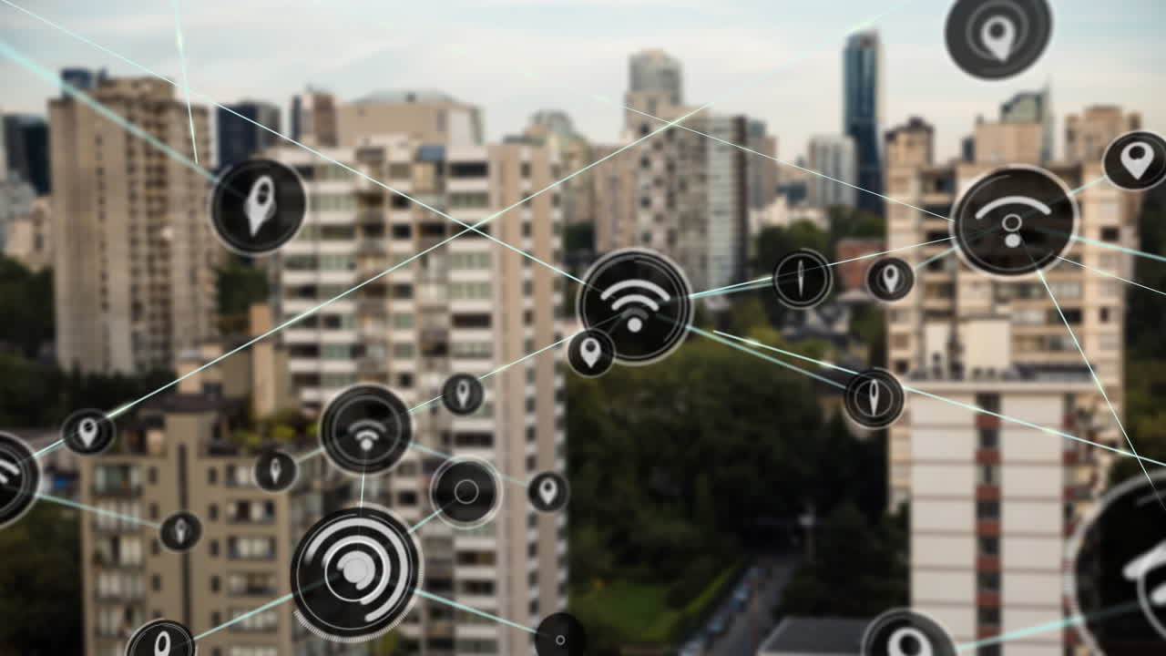 animación de la red de conexiones con iconos sobre el paisaje urbano