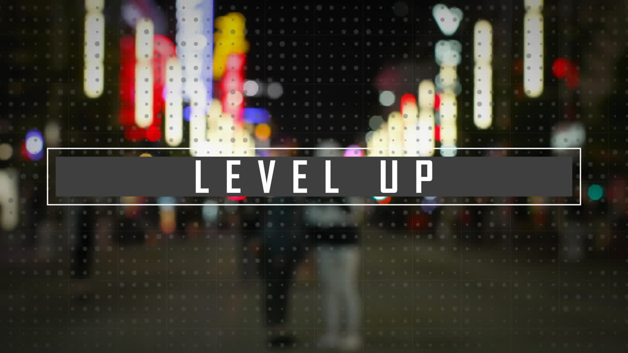 Animation of level up text over people walking in city