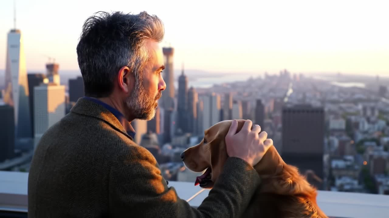 A Serene Moment: A Man and His Loyal Dog Enjoying a Breathtaking Sunset View Over a City Skyline, Reflecting on Life's Simple Joys and Companionship