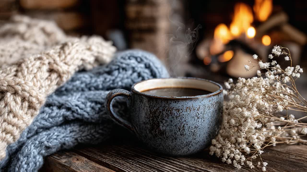 A Cozy Autumn Scene Featuring a Warm Cup of Coffee, Soft Knitted Textiles, and Delicate Wildflowers Beside a Crackling Fireplace for a Perfect Relaxing Moment