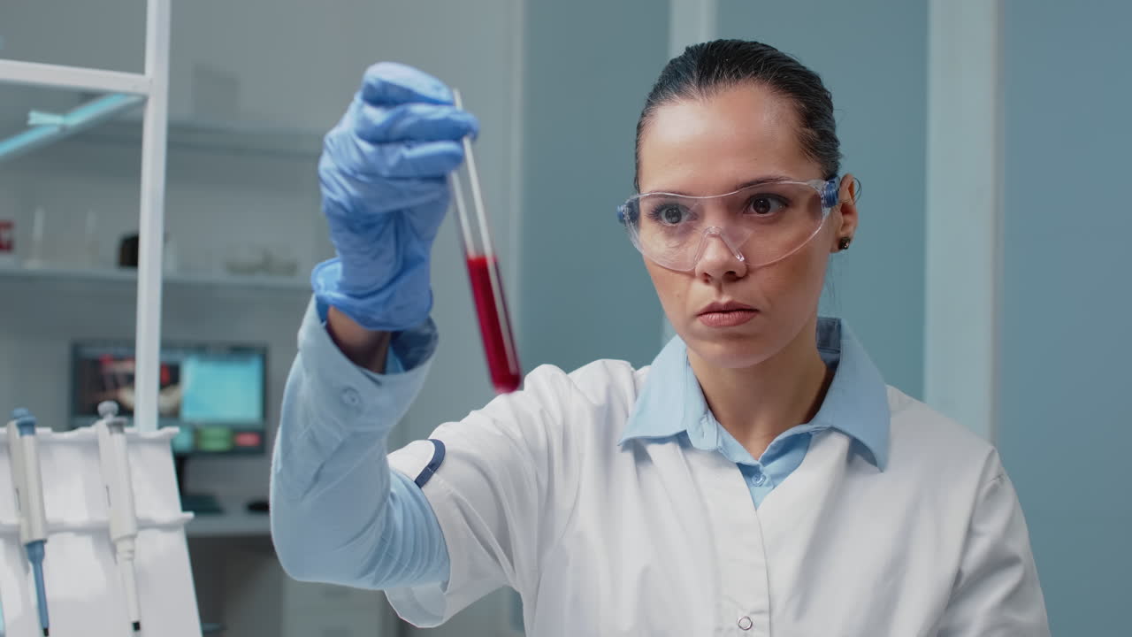Scientist examining blood sample in lab