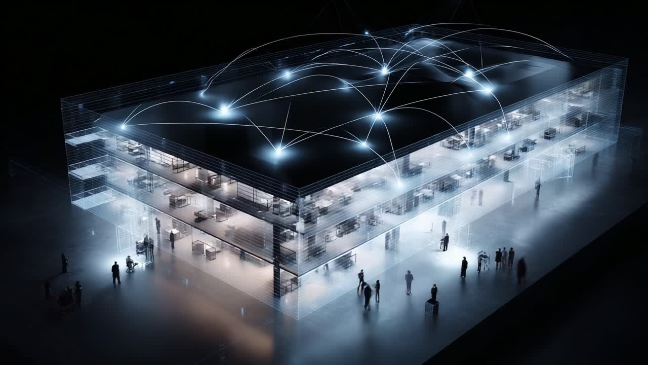 A Futuristic Transparent Building Illustrating Advanced Connectivity and Technology, Featuring Network Connections and People Interacting in a Modern Digital Environment