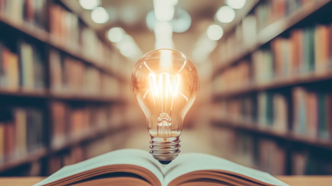 A creative concept of knowledge and ideas, featuring a light bulb on an open book