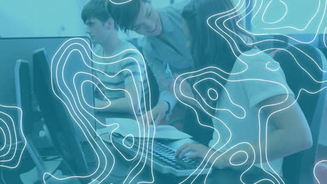 animación de líneas blancas sobre los estudiantes usando computadora