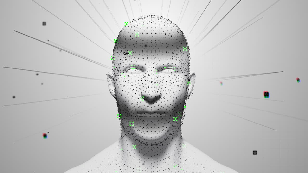 modelo de cabeza humana girando contra rastros de luz parpadeantes en un fondo blanco