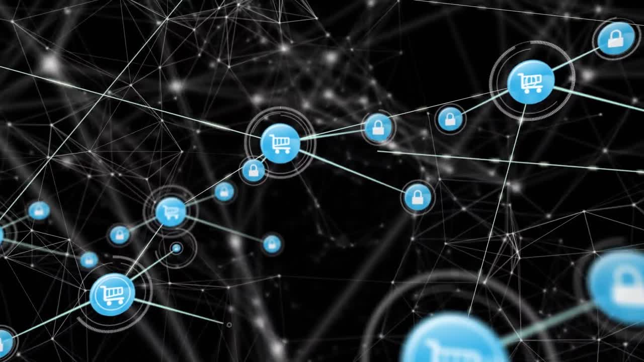 animación de redes de conexiones con iconos sobre fondo negro