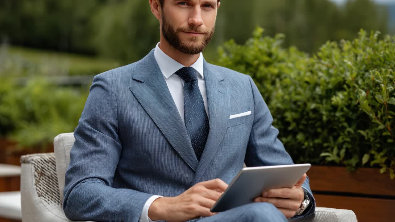 Professional Man in Tailored Suit Engaged in Digital Activity Outdoors, Sitting Comfortably with a Tablet Amidst a Lush Green Landscape, Exuding Confidence and Focus