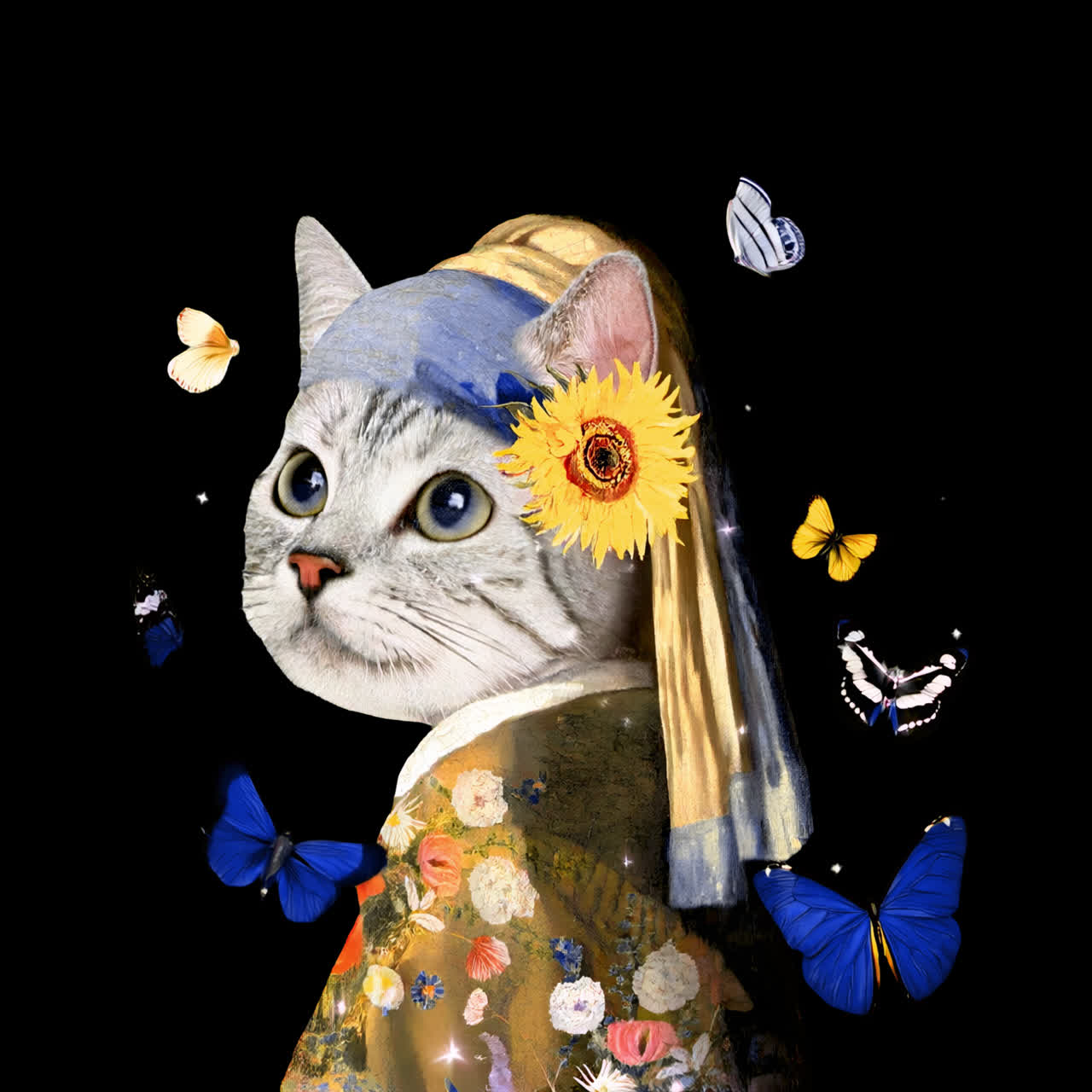 Whimsical feline art piece inspired by Johannes Vermeer animation isolated asset, transparent 4K