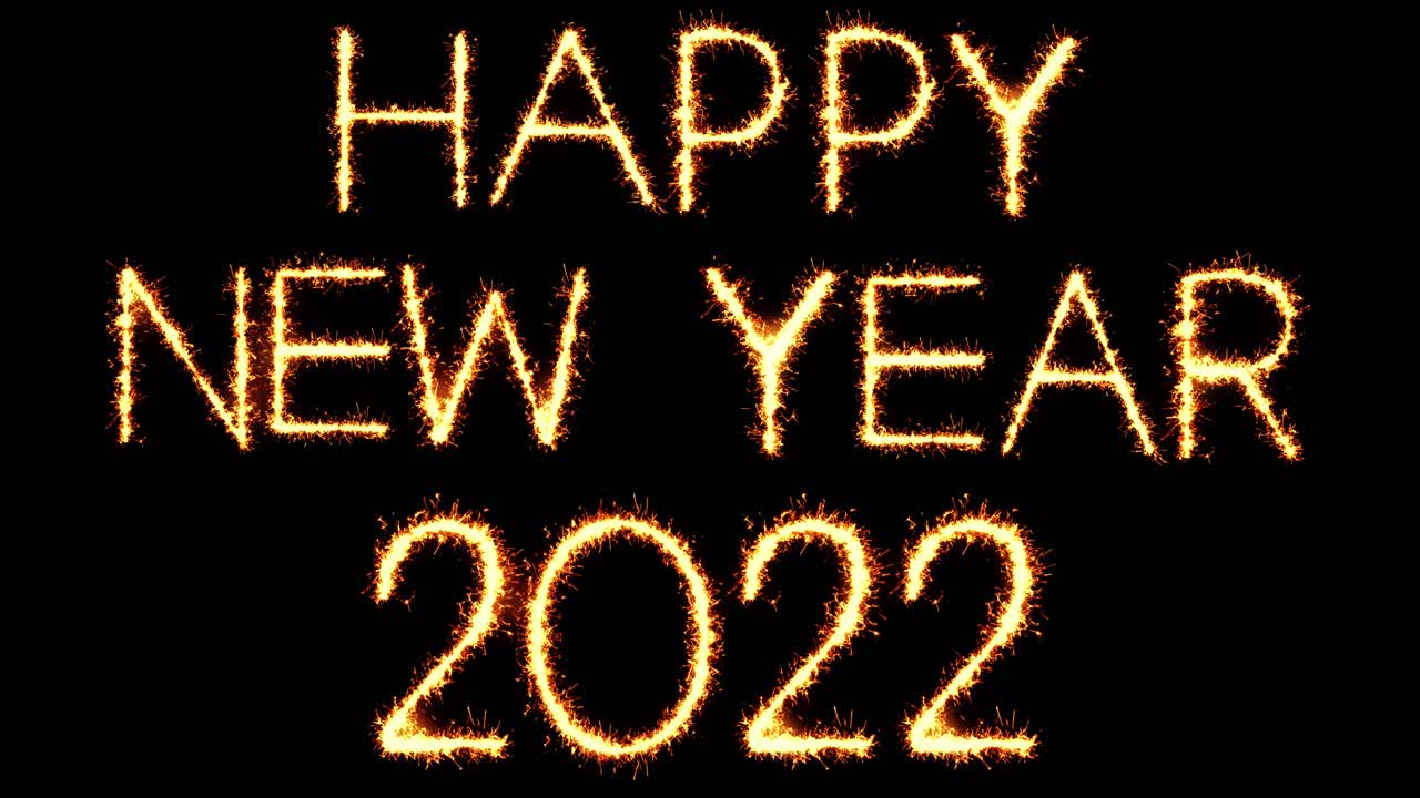 Happy new year 2022 text sparkler writing with glitter sparks particles firework on black 4k loop