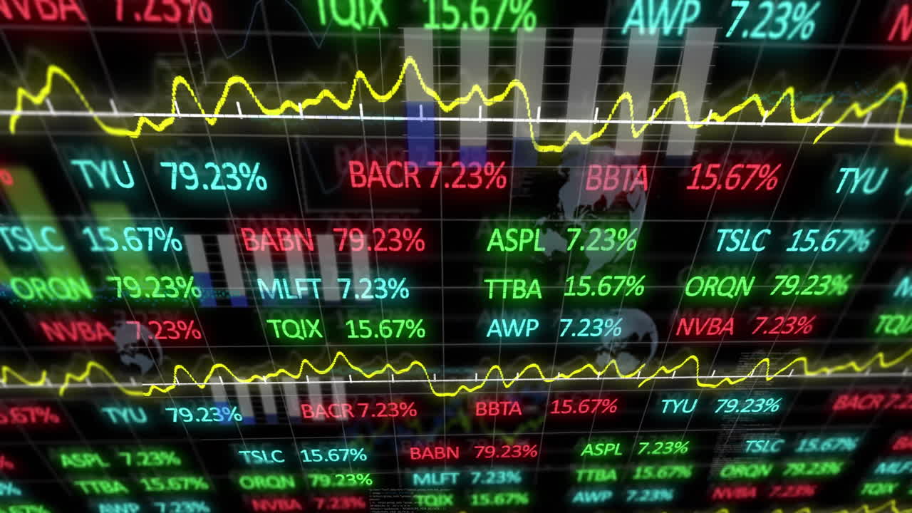 Animazione di statistiche ed elaborazione dati su sfondo scuro