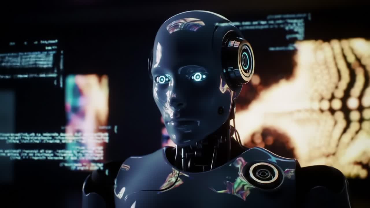 Futuristic AI Robot with Glowing Eyes Amidst a Digital Background, Showcasing Advanced Technology and Artificial Intelligence Development