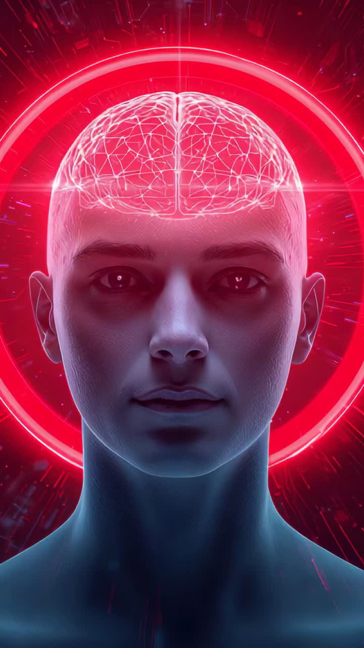Vertical video: Pulsing neural map starting male eyes igniting in studio signaling red halo firing