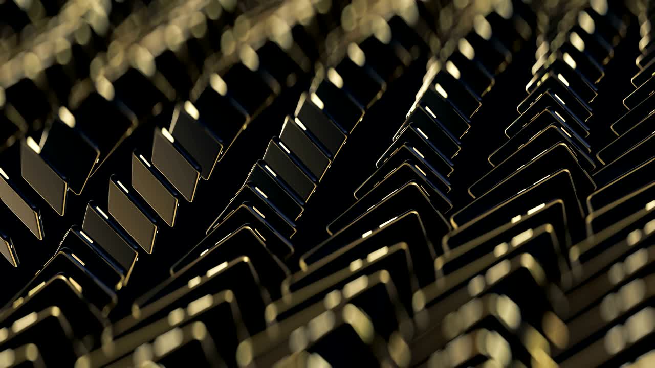 금색 버튼을 가진 스마트폰은 행으로 움직이고 회전하며, 풍부한 보케, 무한 루프, 휴대 전화의 추상적인 움직임, 텍스트 션의 배경 이미지, 비싼 럭셔리 배경, 금색과 검은색 패턴.