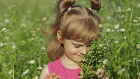 little blonde child girl in pink dress stay on flower chamomile grass meadow. bouquet of daisies