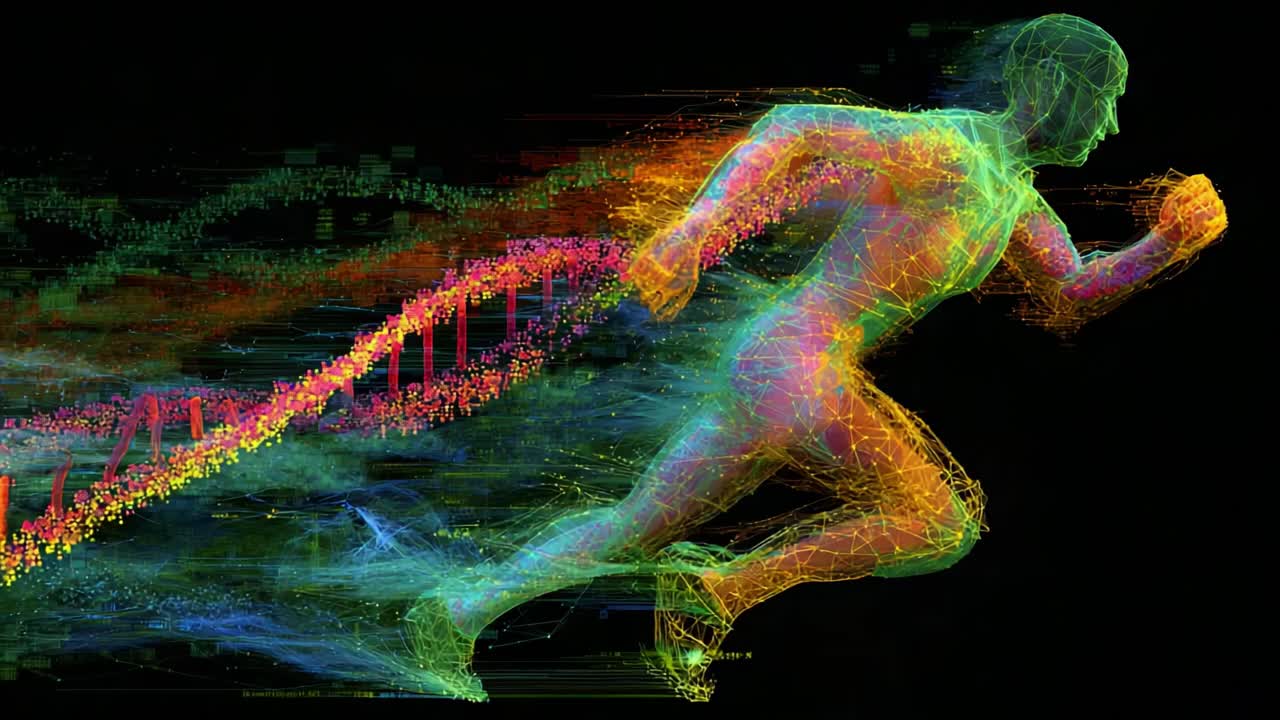 Dynamic Visualization of an Energetic Runner, Blending Motion with DNA Patterns, Representing Speed, Strength, and Agility Through Colorful Abstract Art and Digital Design