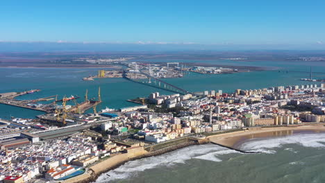 Cadiz-aerial-shot-beach-and-Bay-of-Cadiz-Puerto-Real-or-Pepa-bridge-Spain