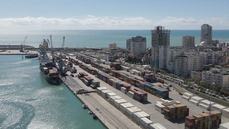 Aerial-view-of-Port-of-Durres,-Albania-and-Adriatic-city-waterfront