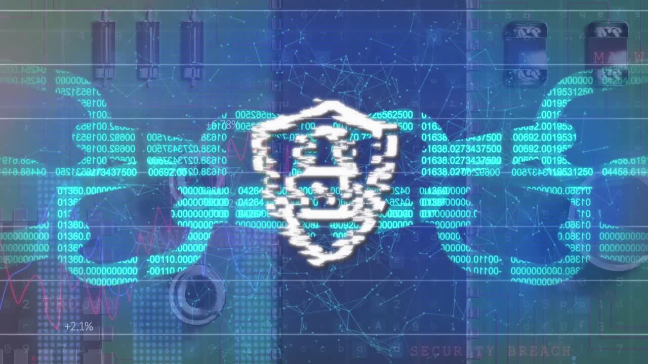 Animation of digital shield with padlock and block chains on blue background