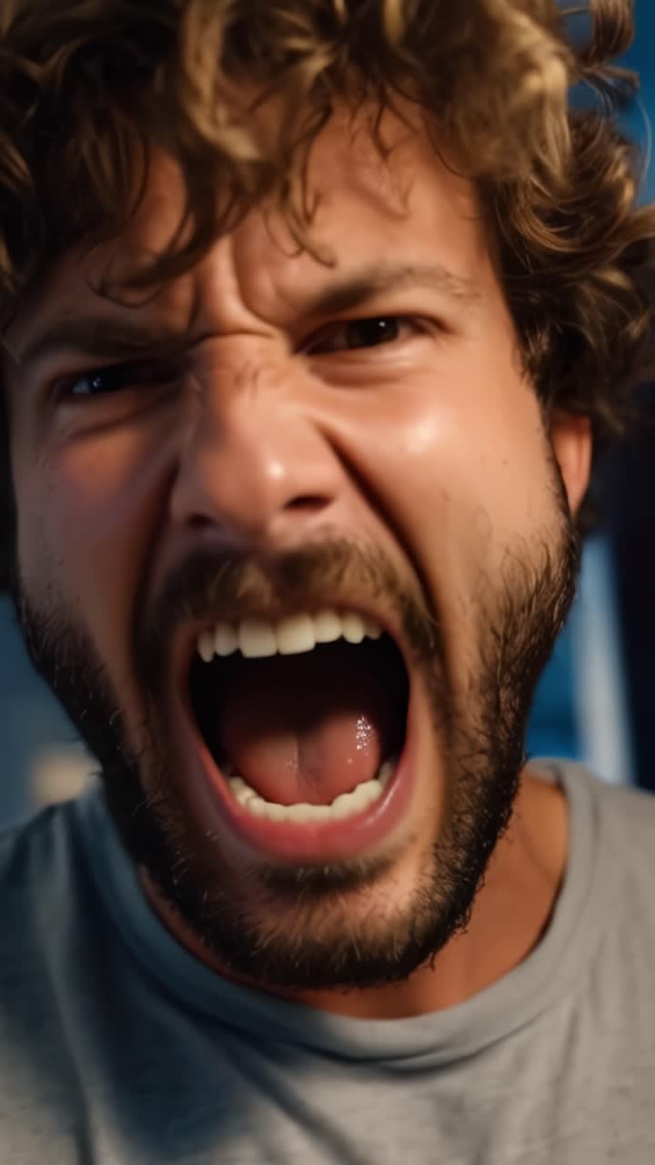 Intense Emotions: Close-Up of a Man's Angry Expression Captured in a Dramatic Lighting Setting, Showcasing Raw Emotion and Powerful Energy in a Moment