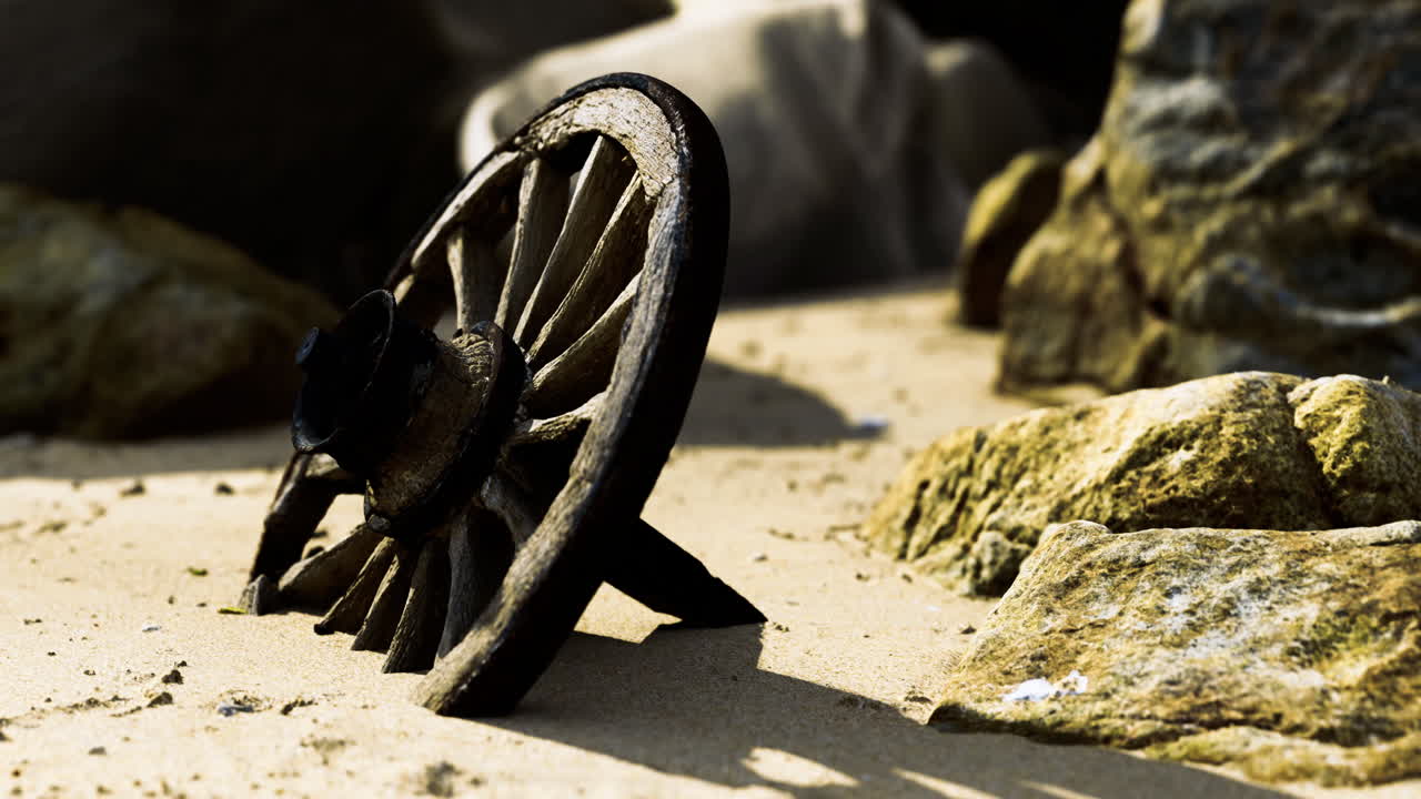 Rusty metal object lying on the sandy beach among large stones at dawn