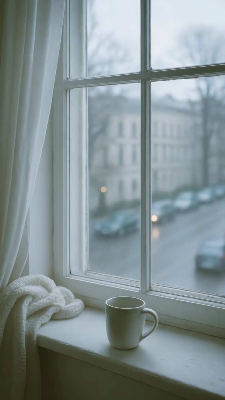 Cozy winter scene with a mug on a windowsill, shot from a side angle