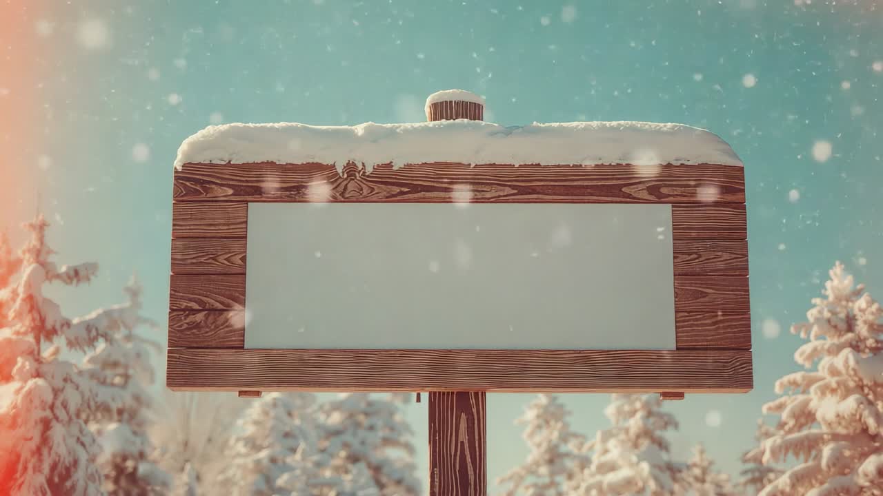 Falling snowflakes drifting past blank wooden signboard in snowy forest, flickering light leak