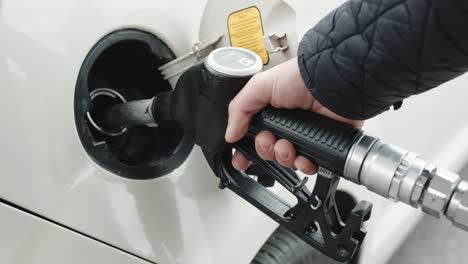 hand puts diesel fuel pump into car