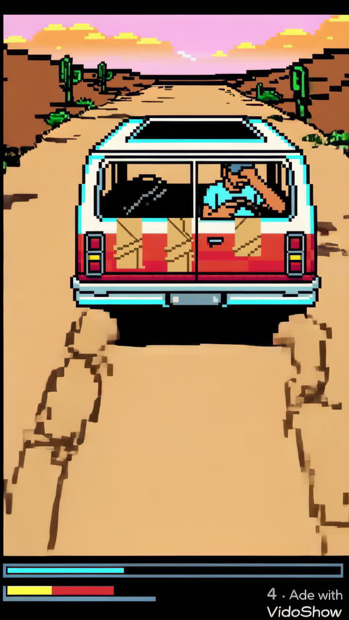 Retro Video Game Screenshot - Pixelated Van in Desert