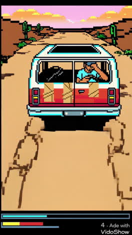 retro video game screenshot - pixelated van in desert