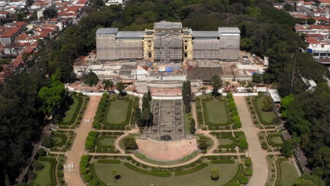 aerial view of the gardens and the ipiranga museum under a heavy restoration for its reopening due to the celebration of the bicentenary of the brazilian independence in 2022 in são paulo