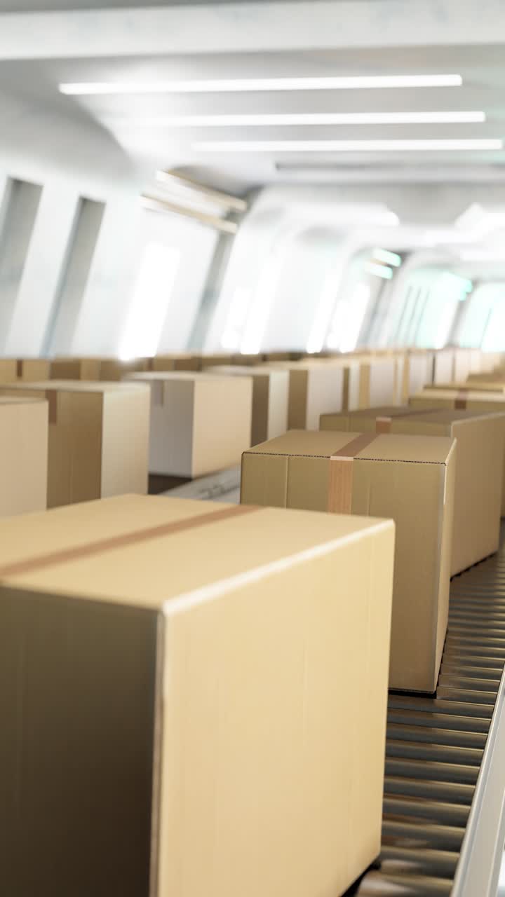 3D animation loop of carton boxes on conveyor system in modern factory