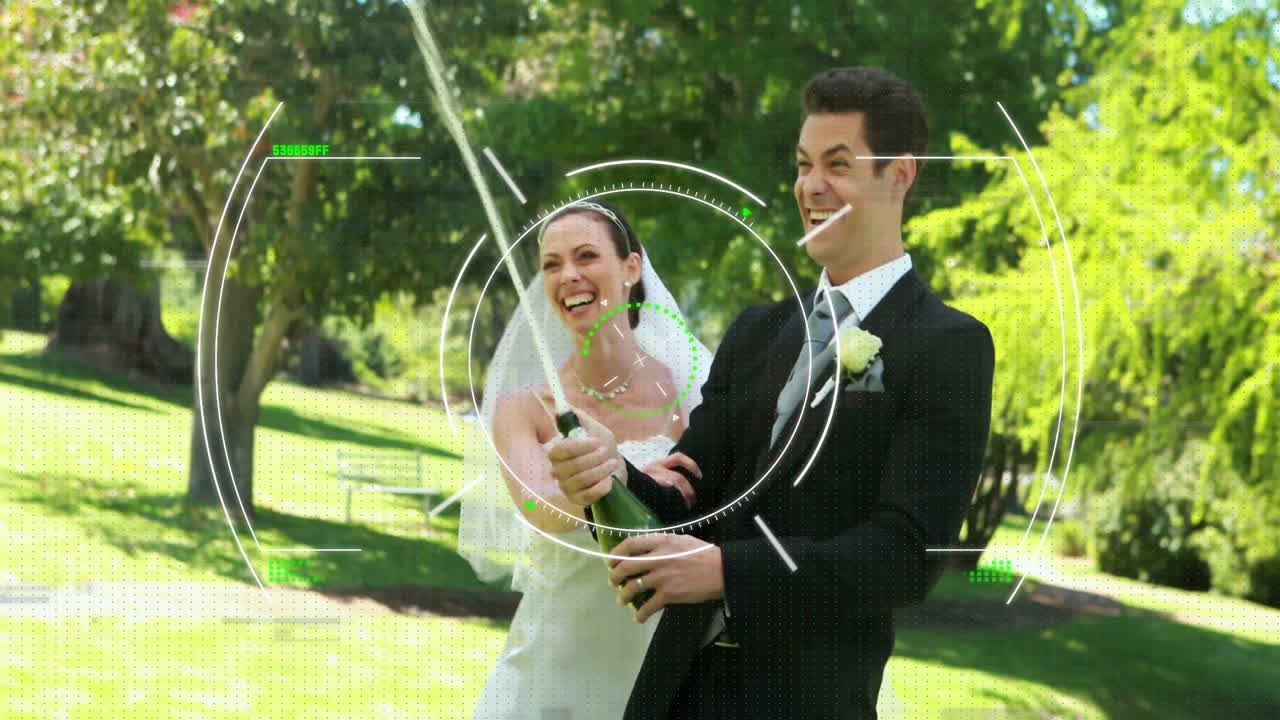 Celebrating with champagne, bride and groom in park over target animation