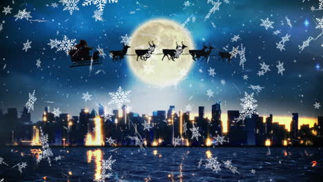digital animation of snowflakes falling over cityscape and black silhouette of santa claus in sleigh