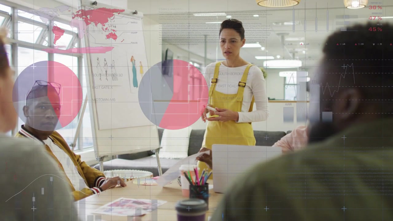Presenter pressing remote, leading business meeting, animating charts and map, explaining metrics