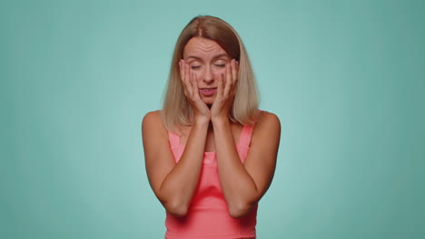 young woman waiting for good luck, loses becoming surprised sudden lottery results, bad fortune loss