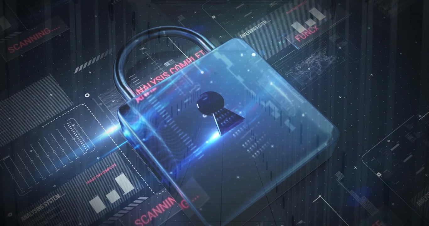 Animation of cyber attack warning and padlock icon over server room
