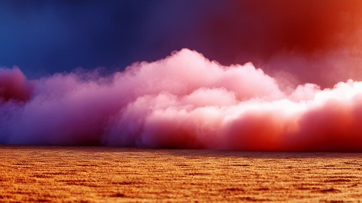 A Beautiful Display of Colorful Smoke Billowing Across a Golden Field During Dusk, Creating a Majestic Contrast with the Vibrant Sky Above and the Earth Below