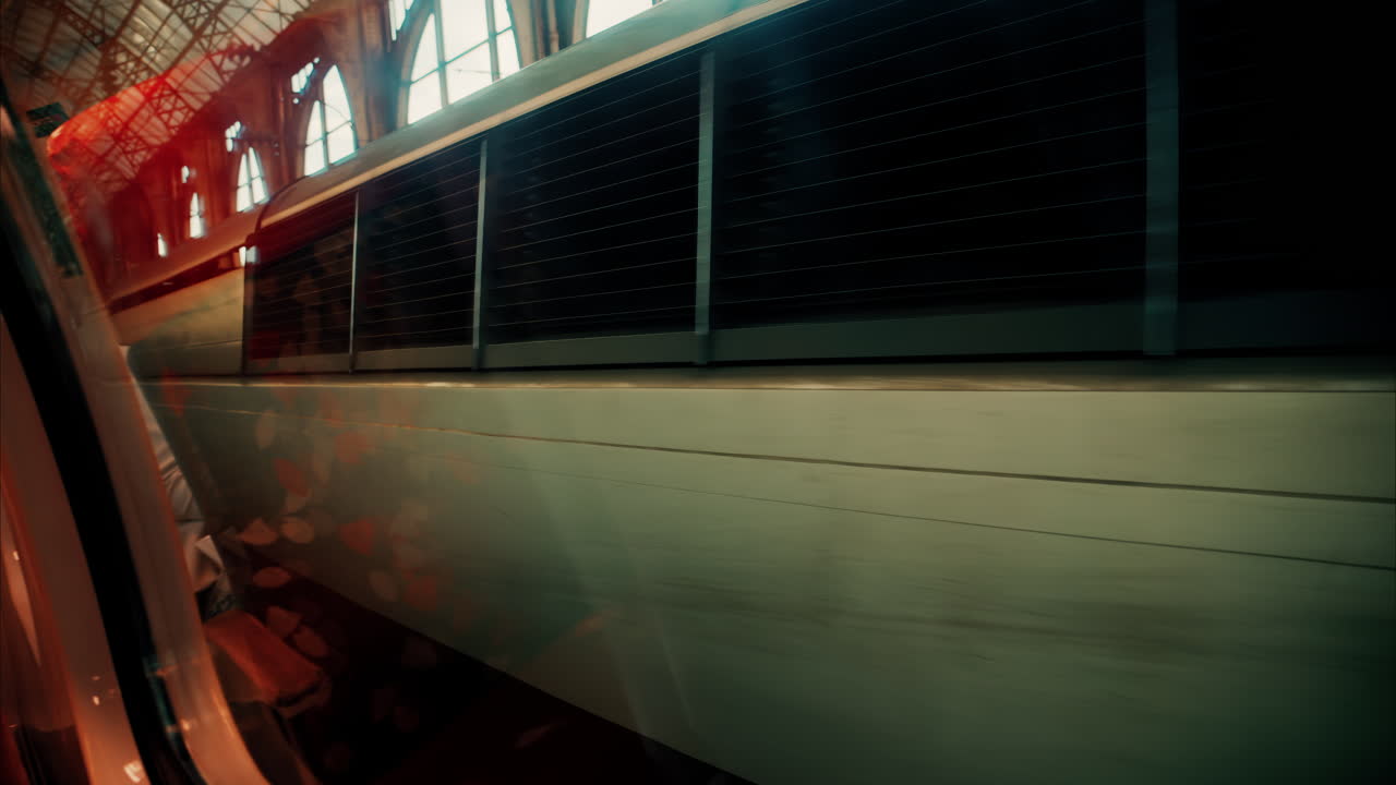 Close up view from a window of a train moving on the rails near a station in Nice, France