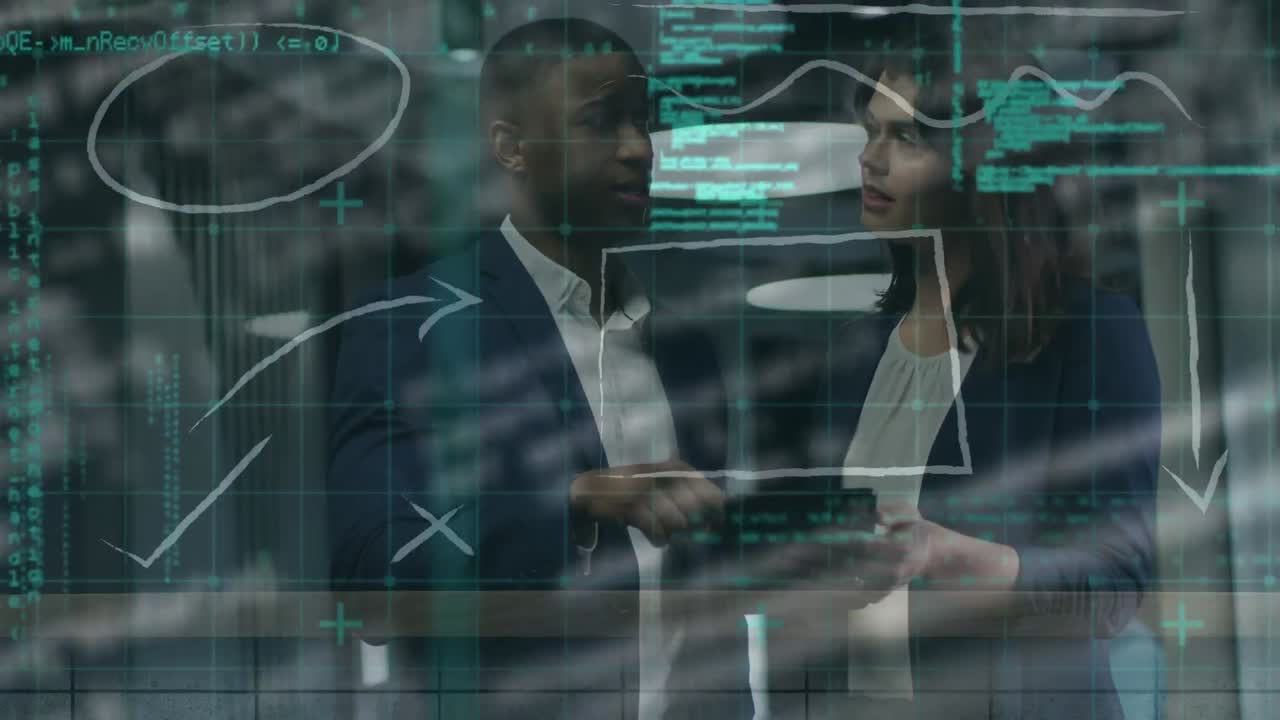 Animation of data processing over diverse business people in office