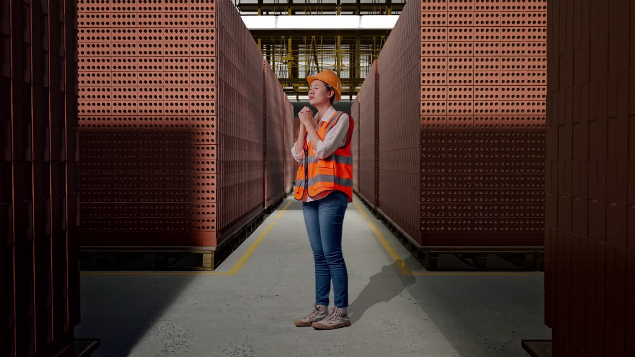 Full Body Side View Of Asian Female Engineer With Safety Helmet Pray For Something While Standing With Red Brick Packed in Stacks Are Stored