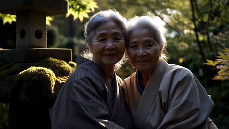 two smiling elderly women in traditional attire in a garden