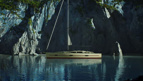 White-yacht-anchored-in-a-bay-with-rocky-cliffs