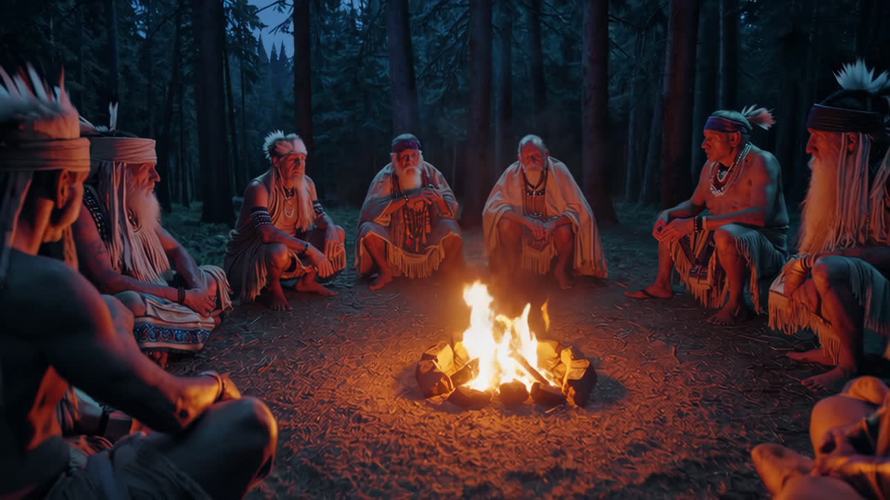 Native American Elders Gathering Around a Campfire