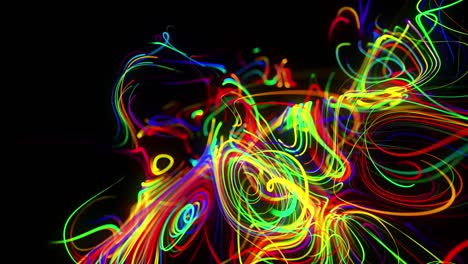 el flujo de fondo abstracto de las líneas de brillo. las partículas de luces en funcionamiento se forman en el espacio 3d brillando hermosas líneas curvas como una bola de cables quemándose con luz de neón. hermoso fondo creativo en bucle en 4k.