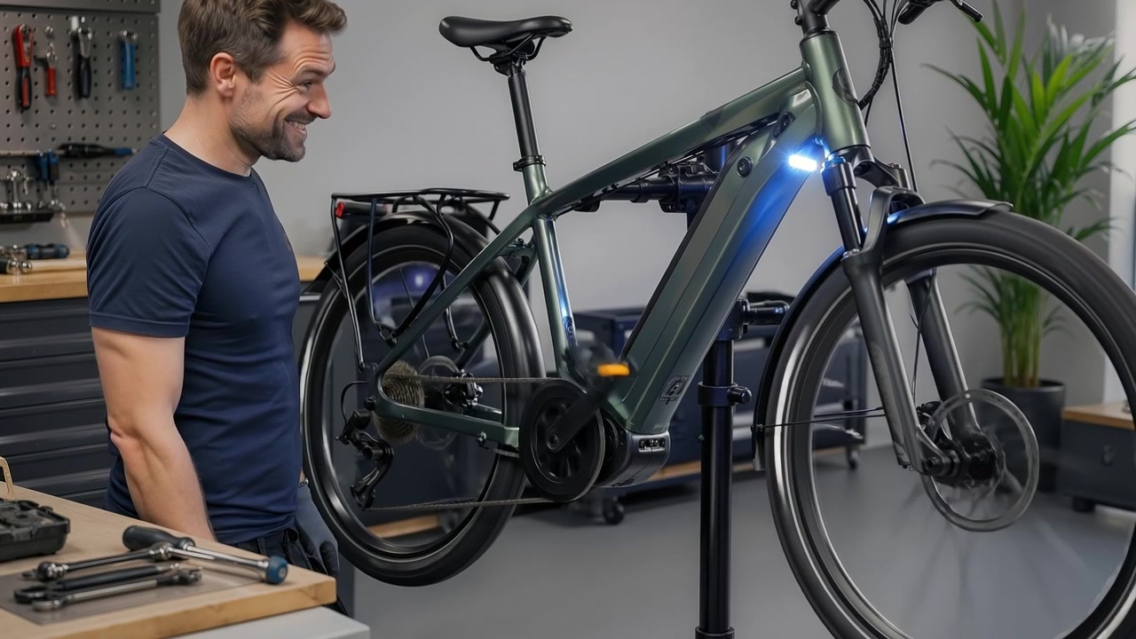 Mechanic repairing an electric bicycle in a professional workshop with tools and equipment