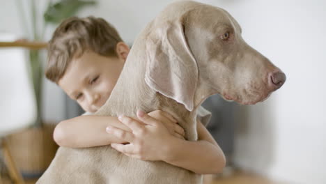 fröhlicher kleiner junge, der zu hause seinen schönen hund umarmt