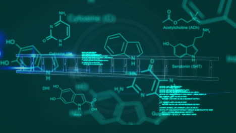 animation of chemical formulas and data processing on dark blue background