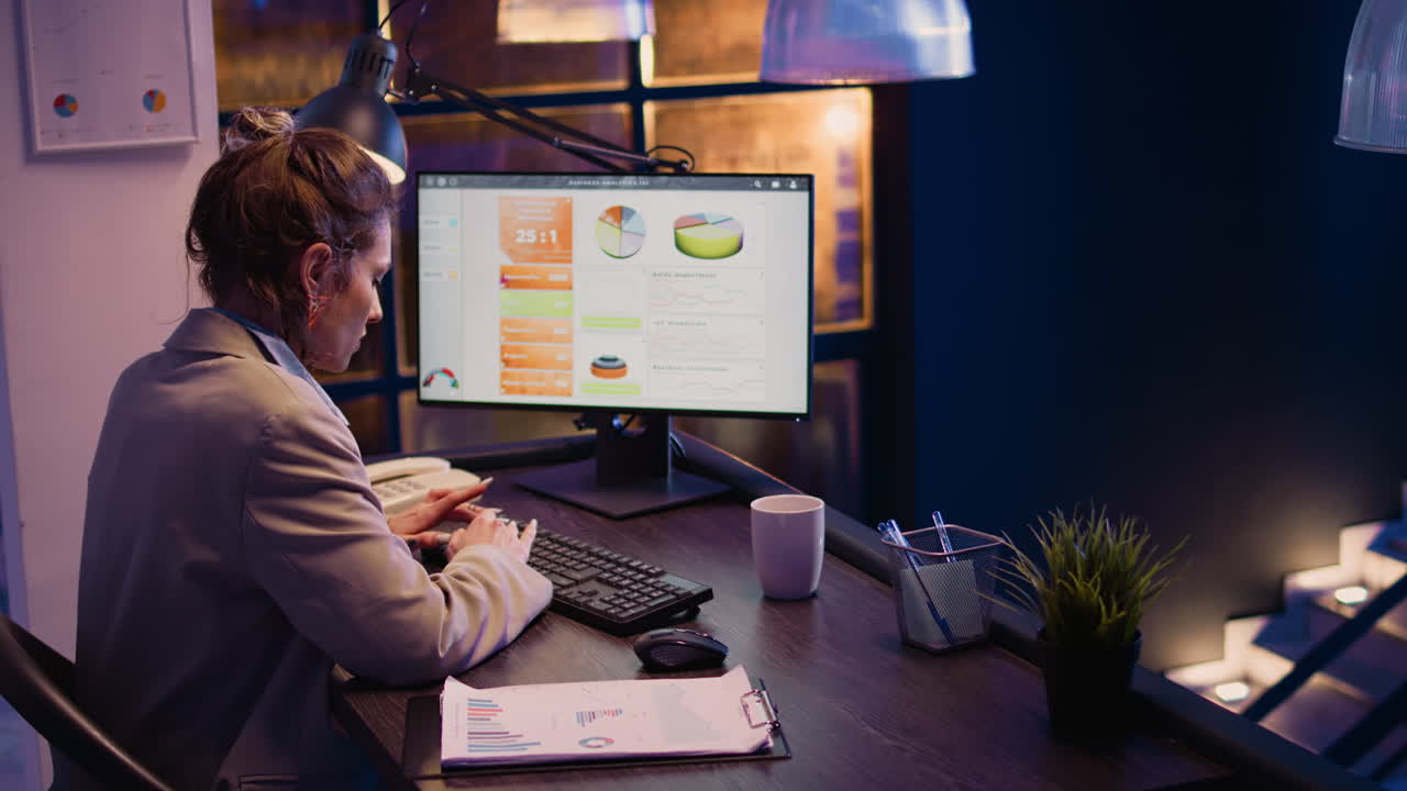 Forretningskvinde, der arbejder sent om natten og analyserer diagrammer på computeren