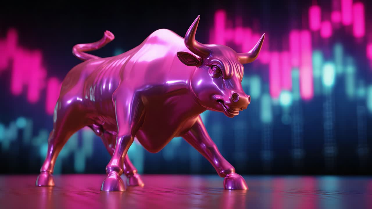 A Captivating Visualization of Market Trends Featuring a Striking Metallic Bull Surrounded by Dynamic Colorful Graphs Representing Financial Movements in a Wall Street Inspired Setting